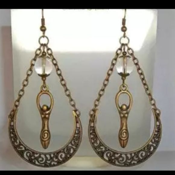 Bronze and crystal boho Moon dangle earrings new - Picture 2 of 3